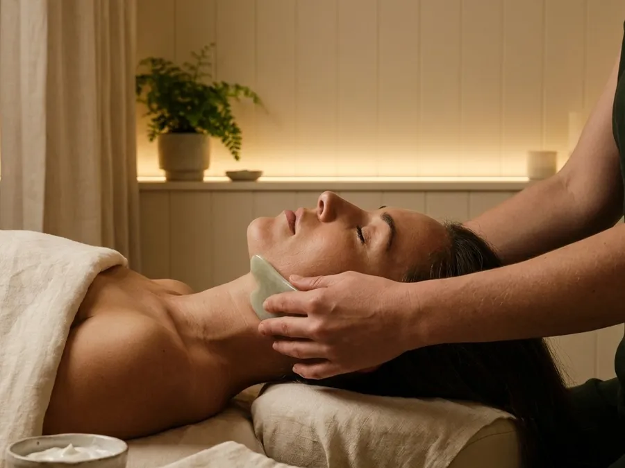 A pale jade gua sha stone drawn along the jawline of a guest lying back on a cream linen headrest, a bowl of cream on a wooden stool beside her
