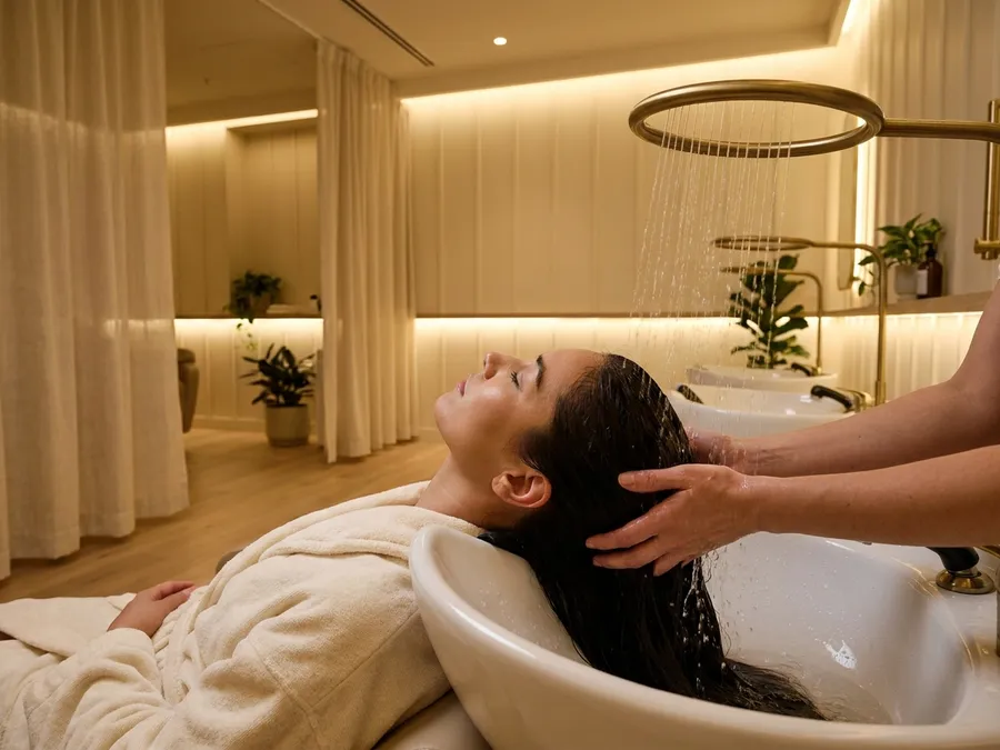 A guest in a cream robe lying back at a white head spa basin, hair fanned out beneath a gold hoop as clear water runs through it