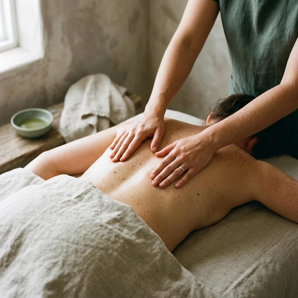 Two hands pressing flat across the middle of a guest's back, beside a small ceramic bowl of massage oil