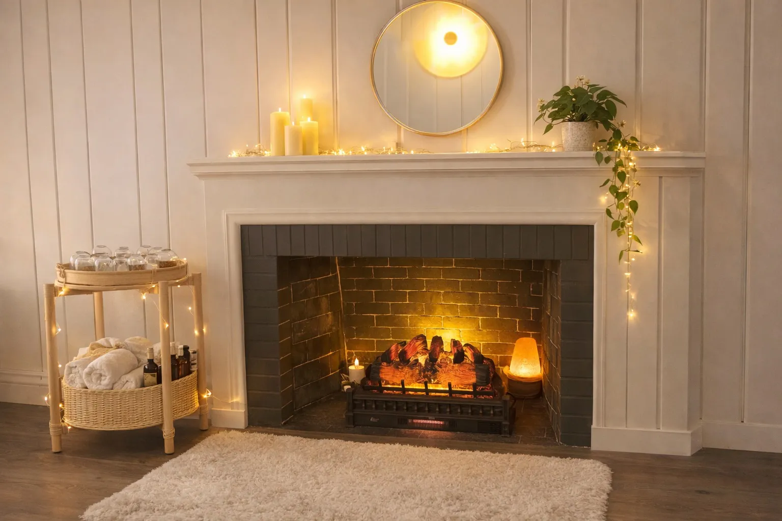 The fireplace lounge at Aura in Issaquah, with lit candles on the mantel and a cart of rolled towels beside the hearth