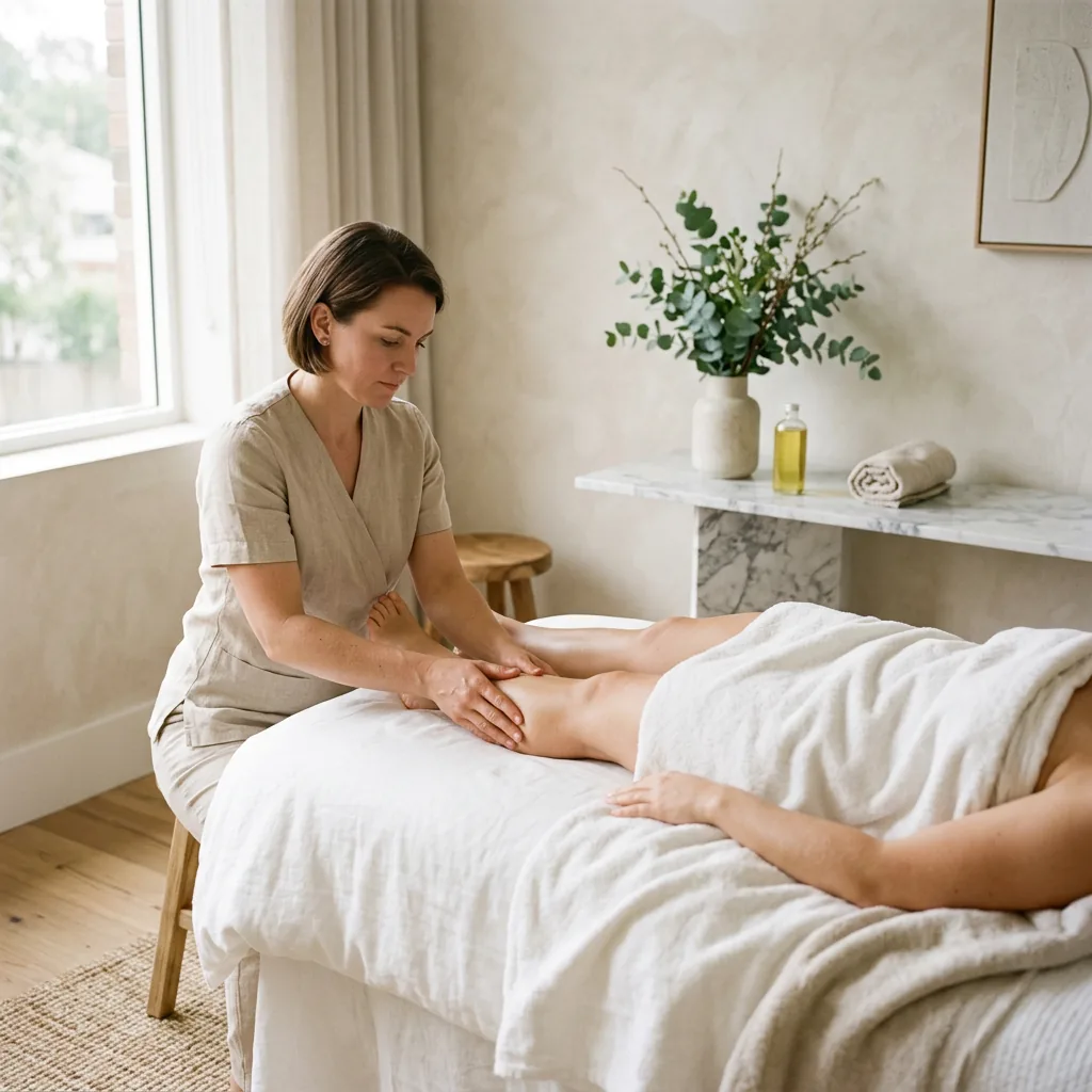 A therapist working a calf with both hands while the guest rests face down on a table under a white towel