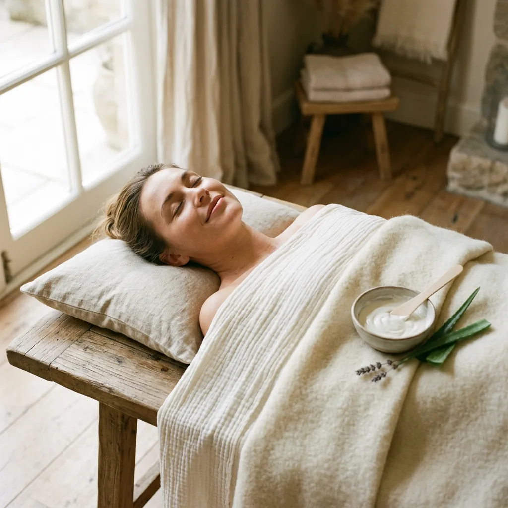 A guest resting under a cream wool blanket on a wooden treatment bench, with a bowl of mask cream, a wooden spatula and a sprig of lavender set beside her