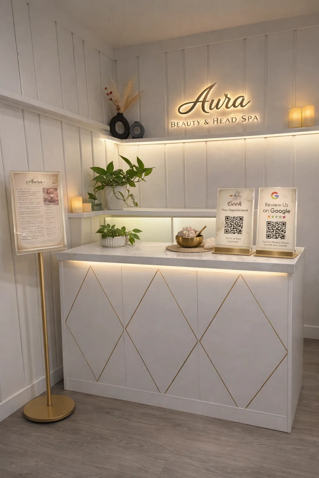 Reception at Aura in Issaquah, the backlit gold wordmark above the desk and the printed treatment menu on a gold stand beside it