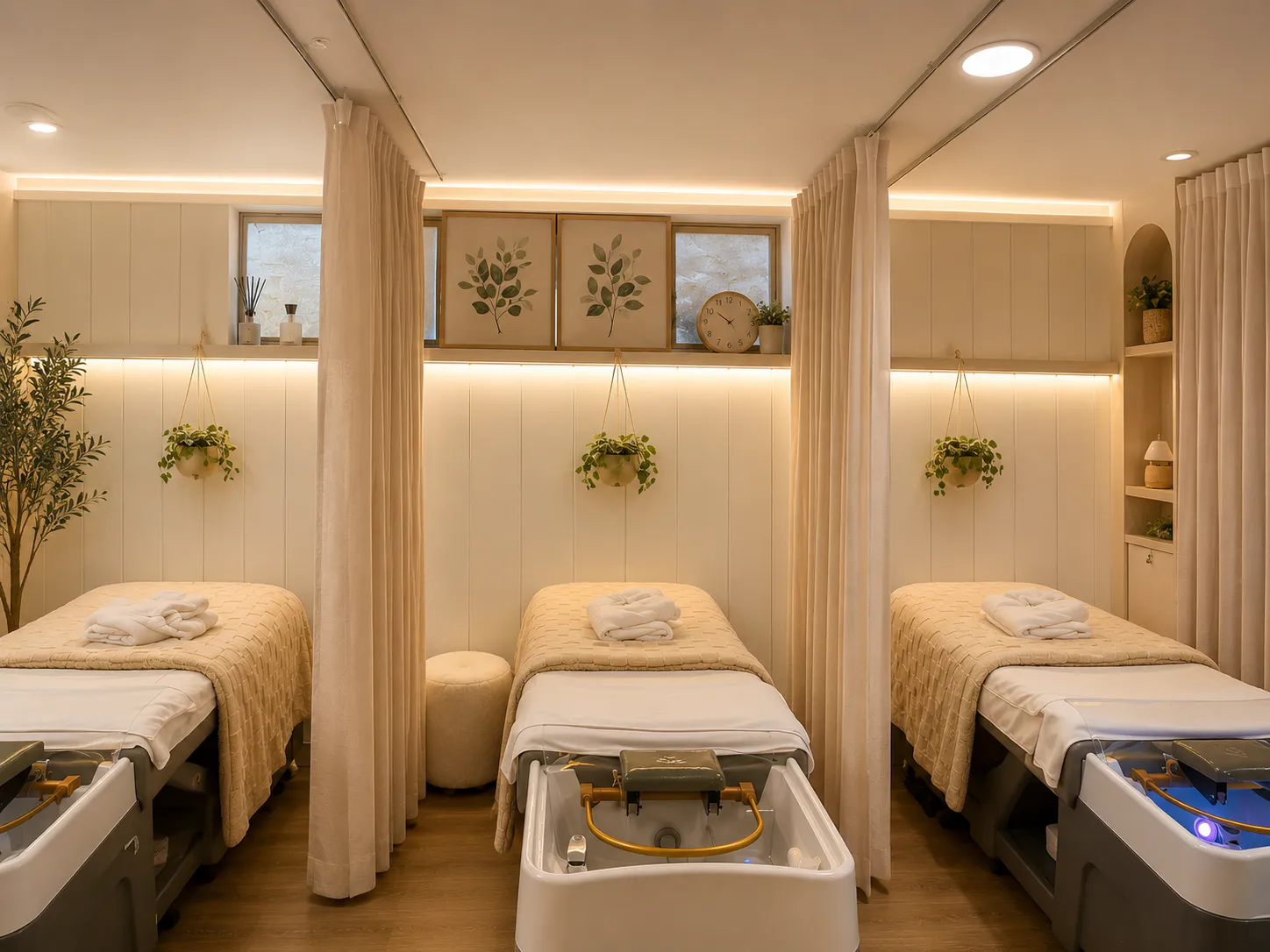 Curtained treatment stations at Aura in Issaquah, each with a shampoo basin at the head of the bed, under cream paneling and warm low light