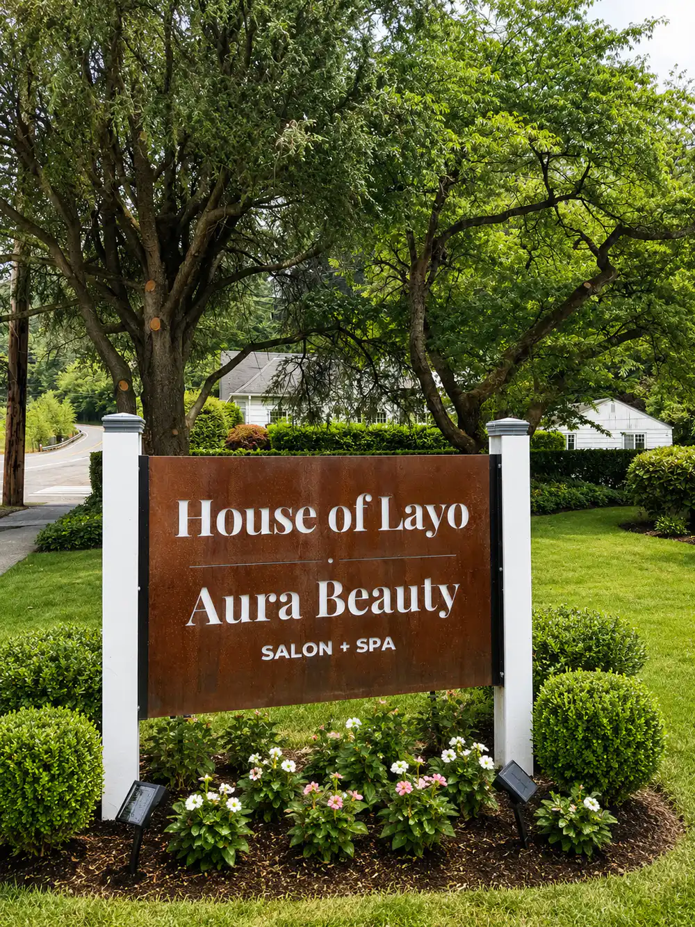 The rust-brown corten monument sign at the curb on E Sunset Way in Issaquah, reading House of Layo above Aura Beauty