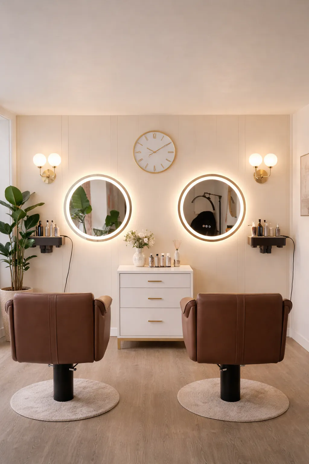 Two blow-dry chairs at Aura in Issaquah facing round backlit mirrors, with product on wall shelves to either side