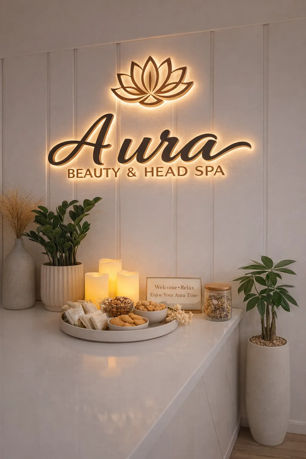 The welcome counter at Aura in Issaquah, with lit candles, a tray of refreshments and a small framed card reading Welcome, Relax